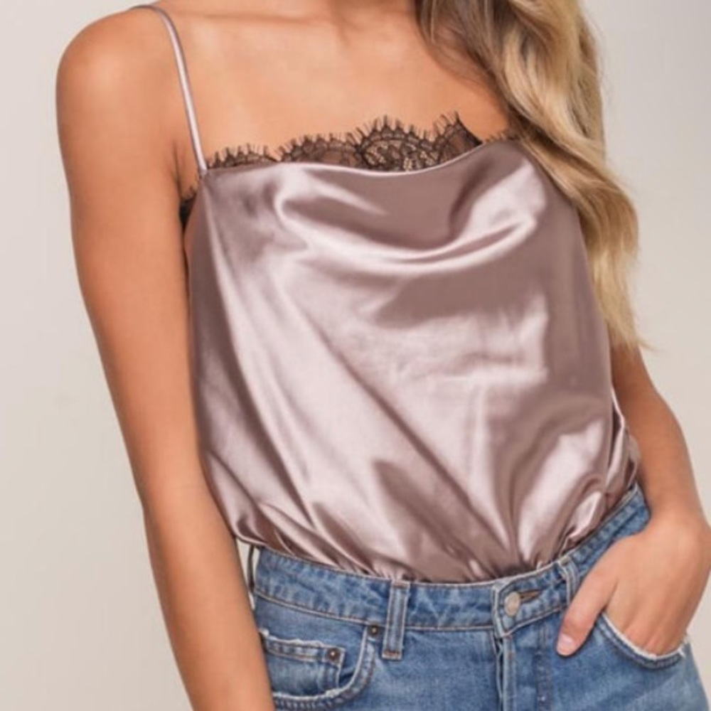 Do Better Dark Taupe Lace Satin Sleeveless Bodysuit